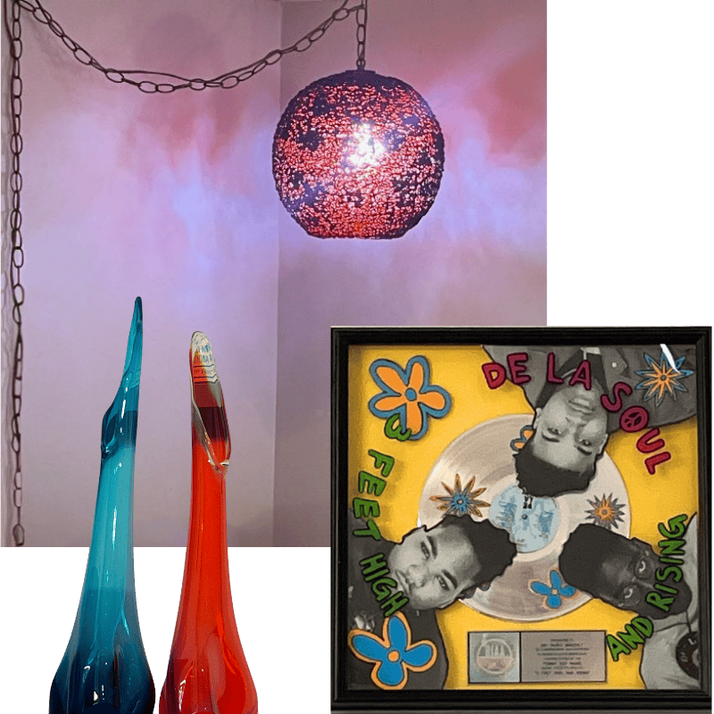 Vintage items at Revilla Grooves and Gear. Lamps, glass vases, unique music memorabilia - DeLaSoul Gold Record.